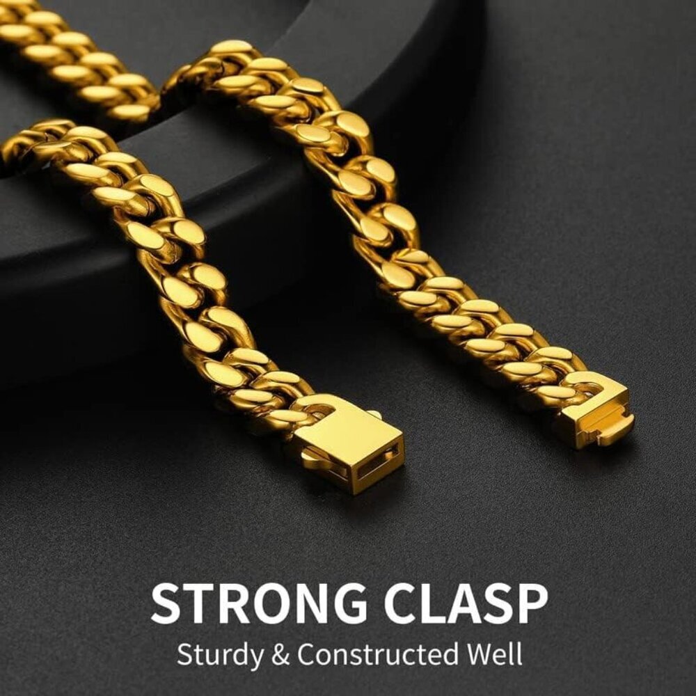 Gold/18K 9mm width Plated Miami Cuban Chain Necklace | Stainless Steel Men - Picture 3 of 7